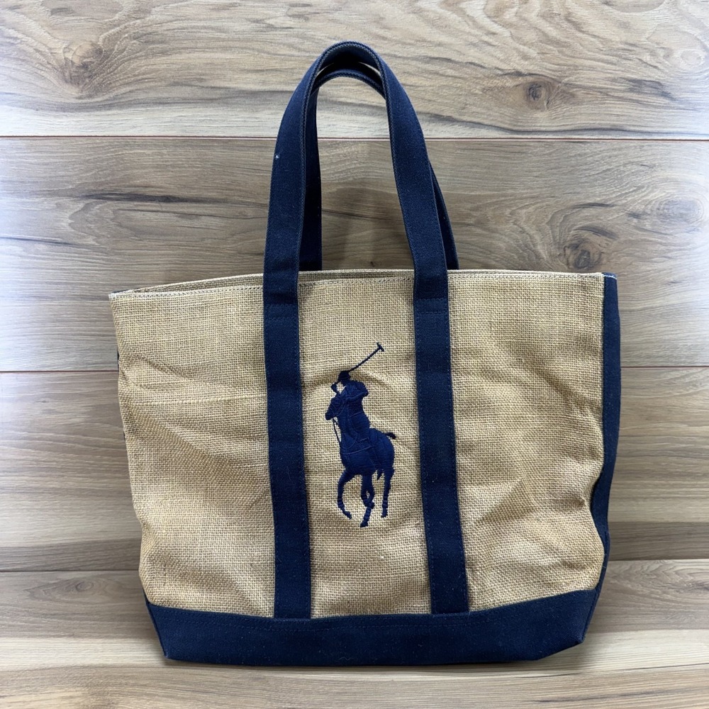 Polo‎ Ralph Lauren Jute Canvas Big Pony Tote Bag Navy Canvas Resort Vacation